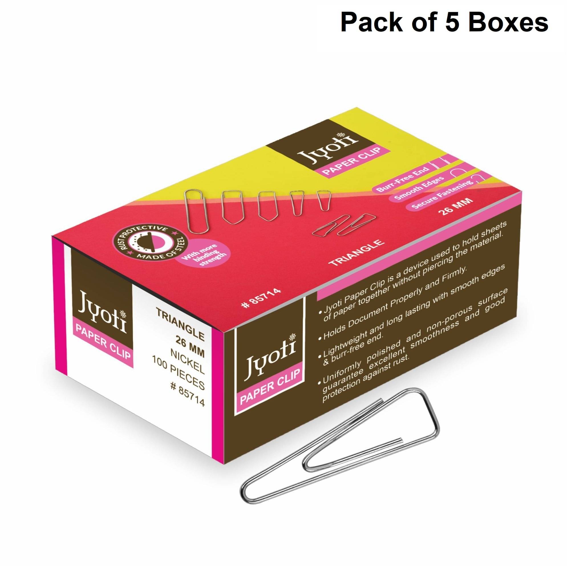     			Jyoti Paper Clip - Triangle Shape Classic (100 Pcs of 0.80x26mm of Steel in Nickel Finish in a Box), Re-Usable Clamps for Holding Loose Papers & Document Organizing, Office, and Stationery - Pack of 5