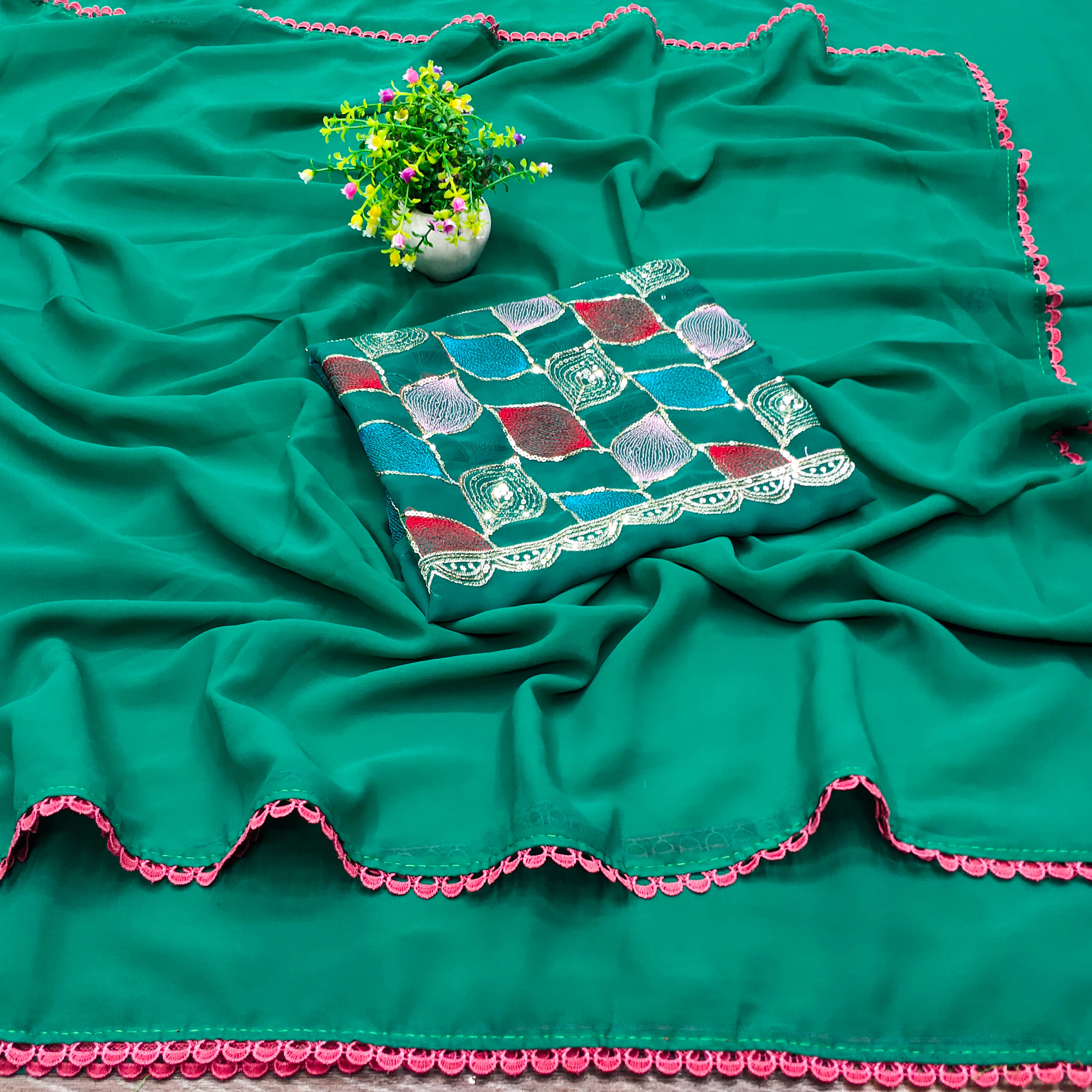 Kalpana Creation Georgette Solid Saree With Unstitched Blouse Piece ( Rama ) Kalpana Creation Georgette Solid Saree With Unstitched Blouse Piece ( Rama )