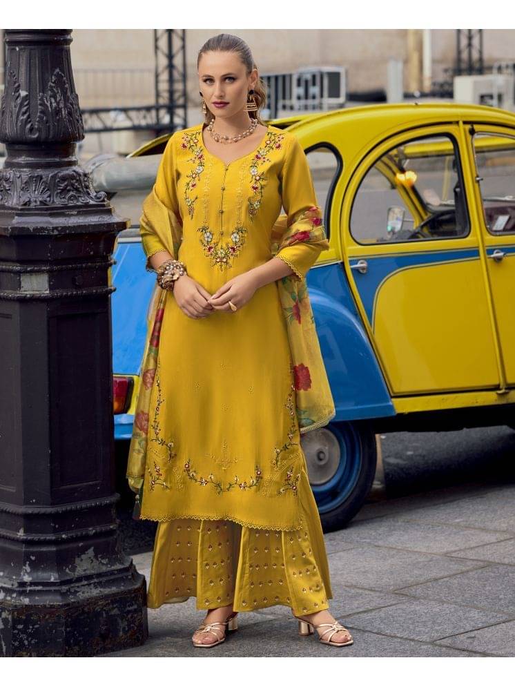 MOJILAA silk Embroidered Kurti With Palazzo Women's Stitched Salwar Suit - Mustard ( Pack of 1 ) MOJILAA silk Embroidered Kurti With Palazzo Women's Stitched Salwar Suit - Mustard ( Pack of 1 )