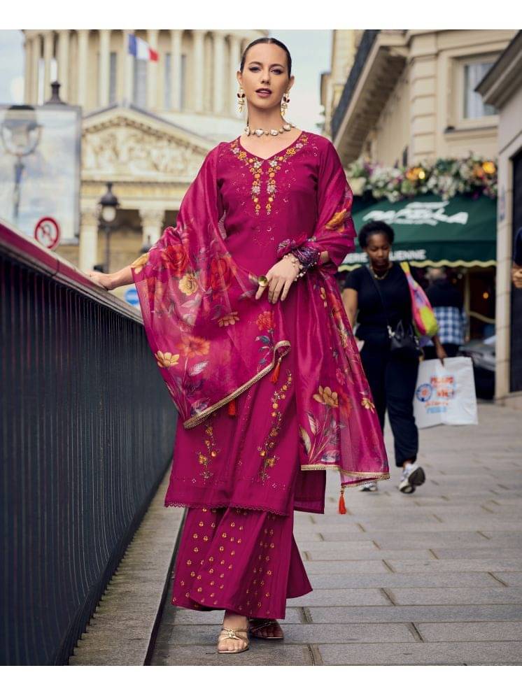 MOJILAA silk Embroidered Kurti With Pants Women's Stitched Salwar Suit - Magenta ( Pack of 1 ) MOJILAA silk Embroidered Kurti With Pants Women's Stitched Salwar Suit - Magenta ( Pack of 1 )