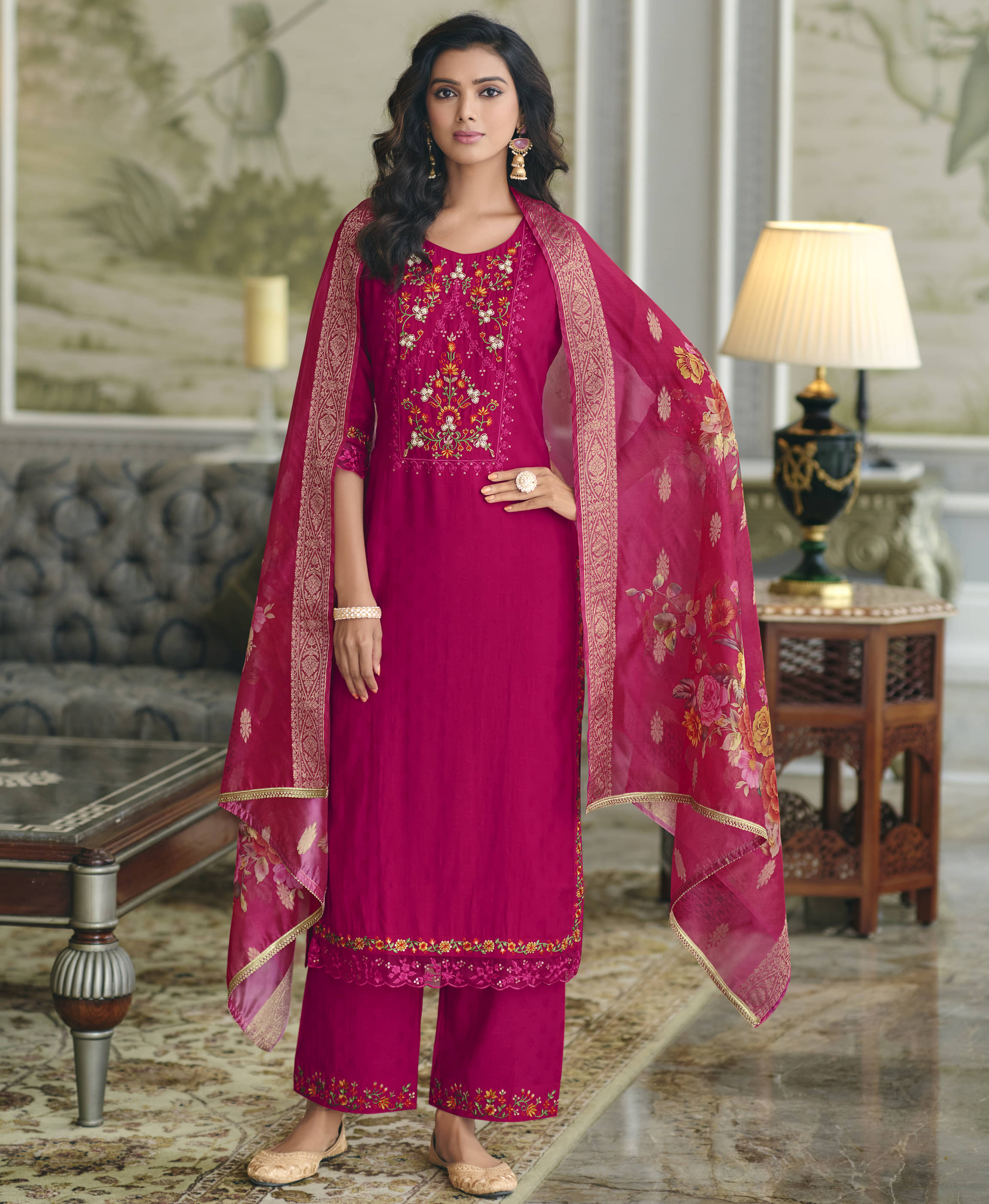     			MOJILAA viscose Embroidered Kurti With Pants Women's Stitched Salwar Suit - Pink ( Pack of 1 )