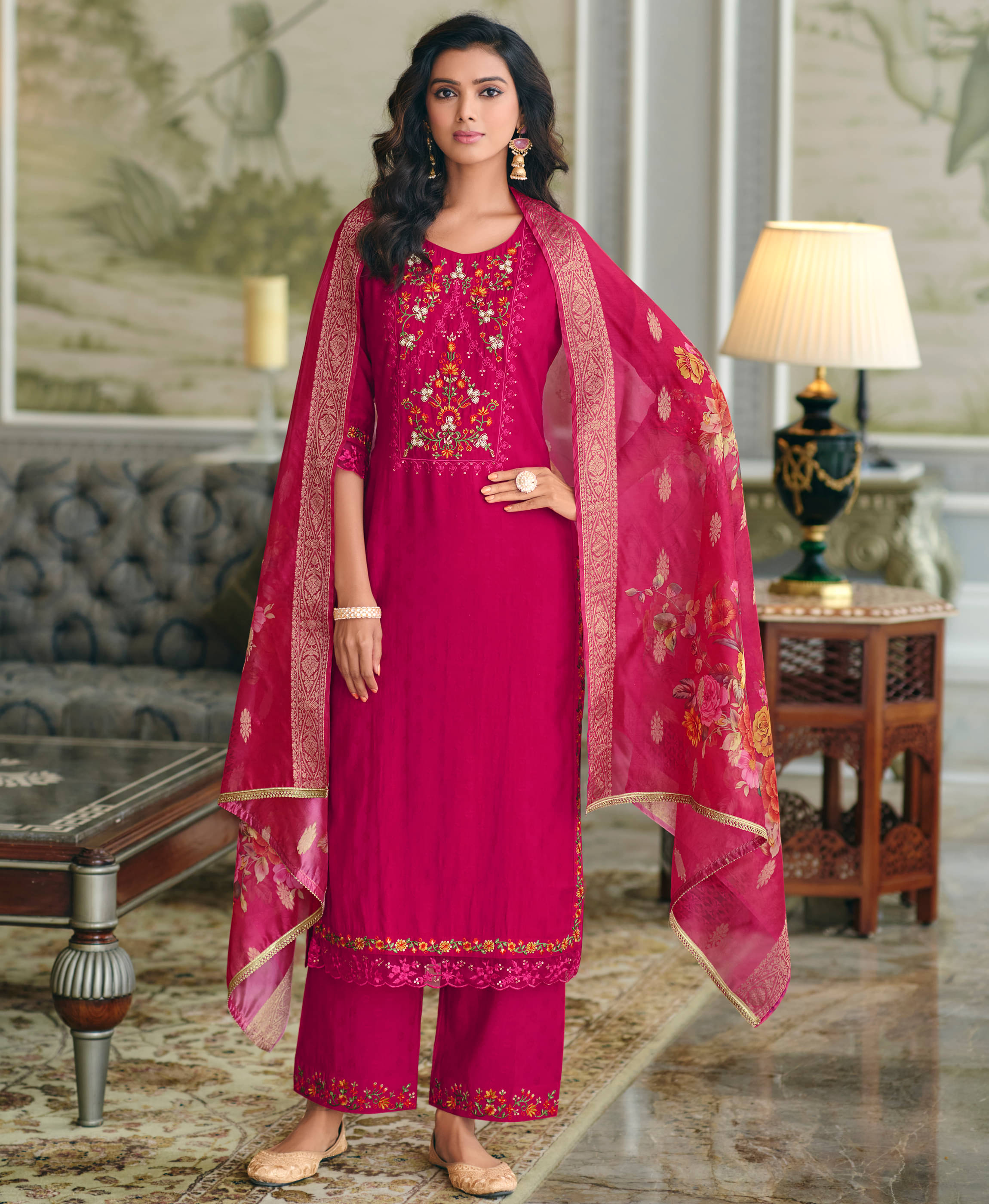     			MOJILAA viscose Embroidered Kurti With Palazzo Women's Stitched Salwar Suit - Pink ( Pack of 1 )