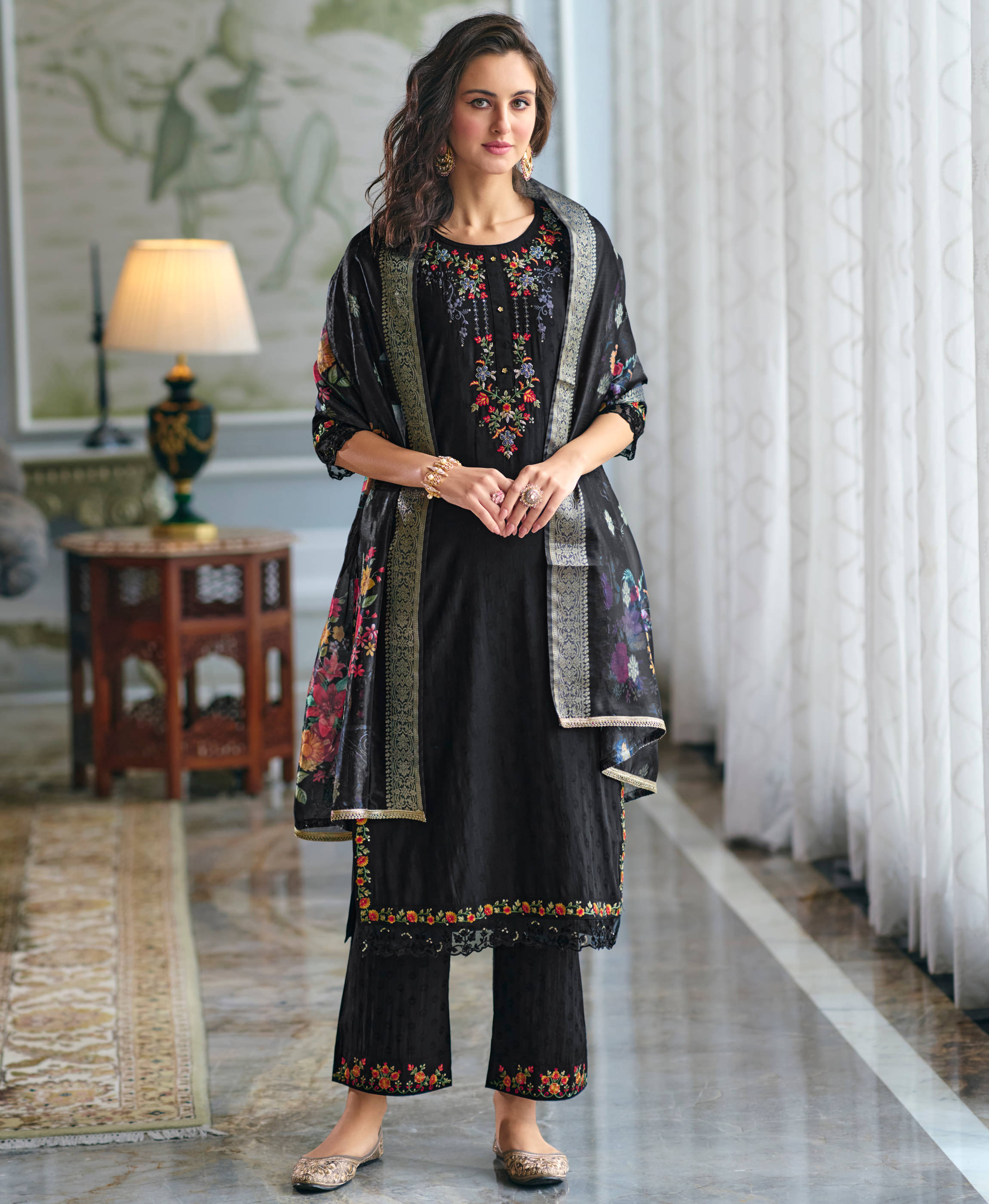     			MOJILAA viscose Embroidered Kurti With Palazzo Women's Stitched Salwar Suit - Black ( Pack of 1 )