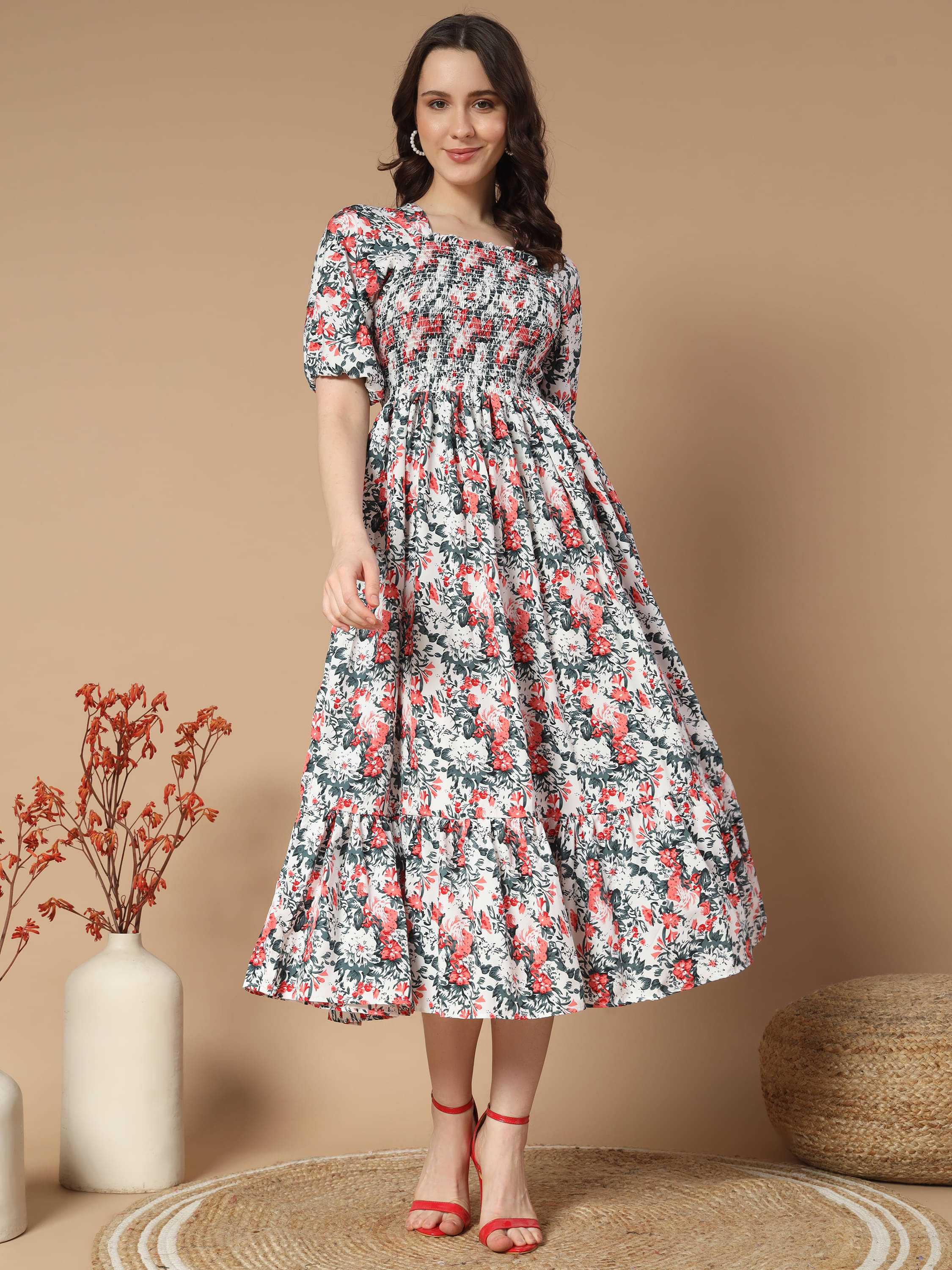     			OTABU Women Polyester Printed Fit & Flare Dress ( White )