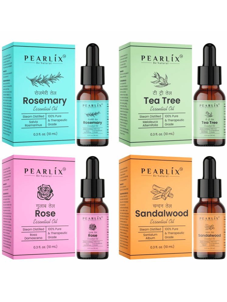     			PEARLIX Rosemary Essential Oil,Tea Tree Acne & Pimple Oil, Sandalwood Anti Scar & Pigmentation Oil, Rose Aroma & Fragrance Oil For Skin Aroma | Candle Making |Soap Making |Hair Car Care Essential Oils 10ml Each