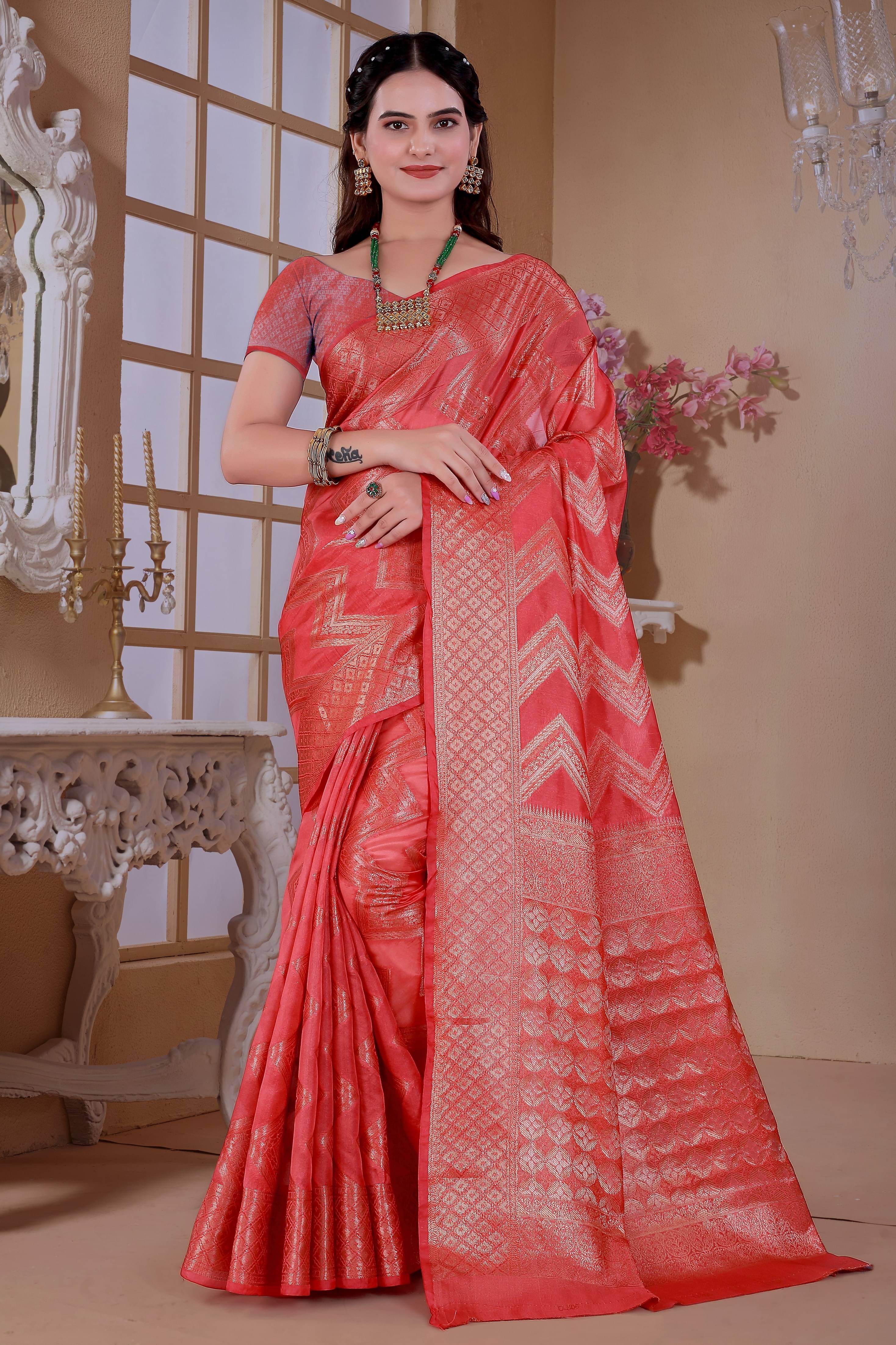     			Raj Vivah Jacquard Woven Saree With Unstitched Blouse Piece ( Pink )