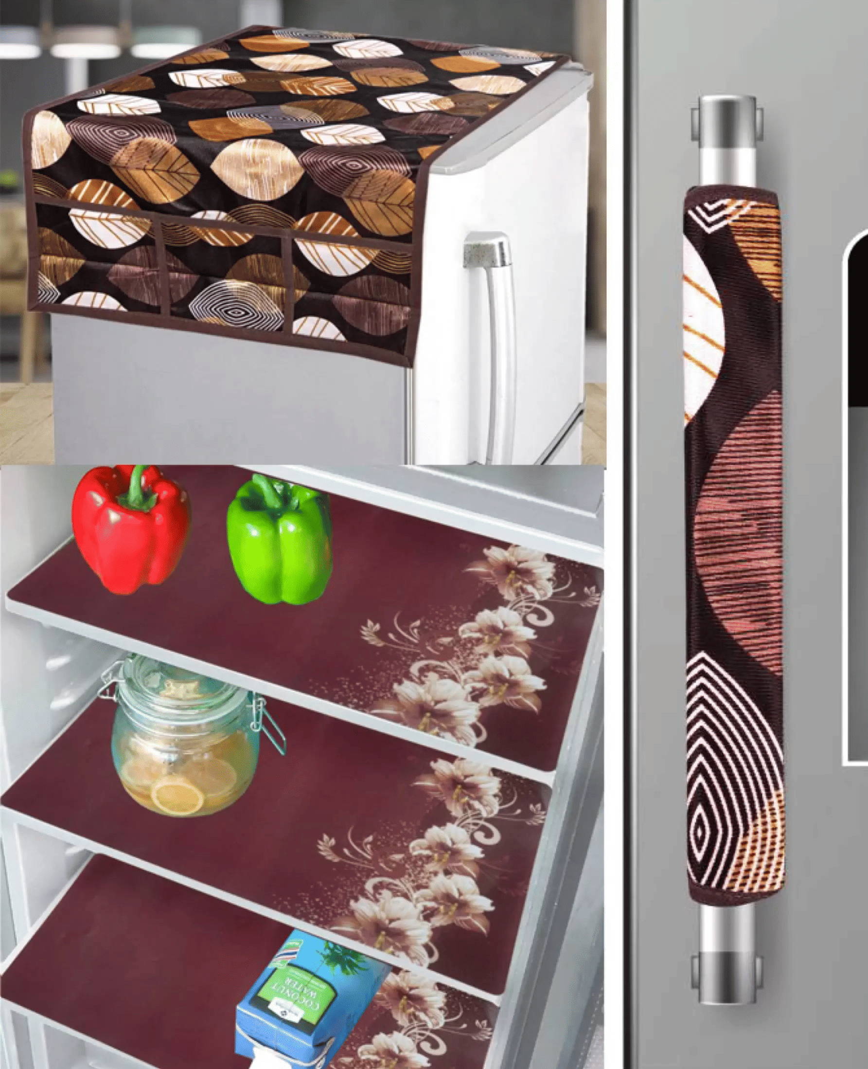     			Shaphio Polyester Ethnic Fridge Mat & Cover ( 93 53 ) Pack of 5 - Brown