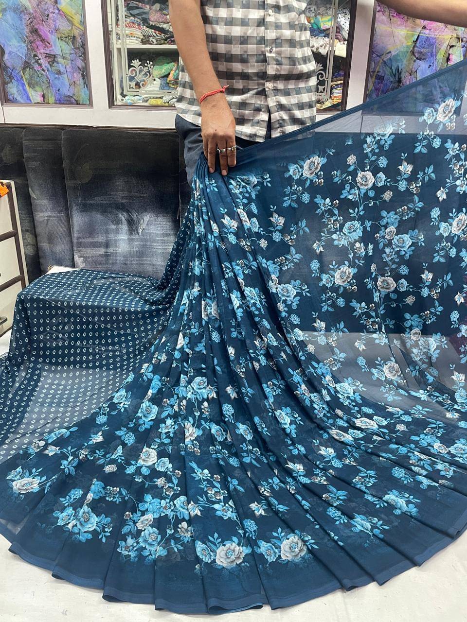     			Sitanjali Georgette Printed Saree With Unstitched Blouse Piece ( Rama )