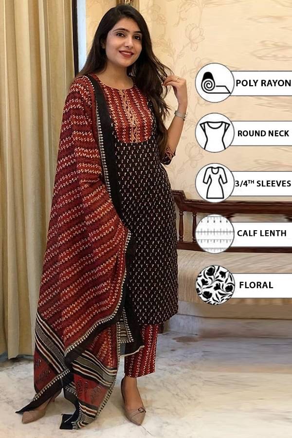 THE FAB FACTORY Rayon Printed Kurti With Pants Women's Stitched Salwar Suit - Black ( Pack of 1 ) THE FAB FACTORY Rayon Printed Kurti With Pants Women's Stitched Salwar Suit - Black ( Pack of 1 )