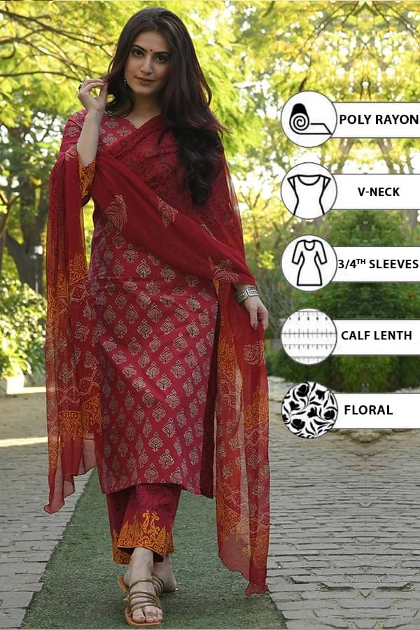 THE FAB FACTORY Viscose Printed Kurti With Pants Women's Stitched Salwar Suit - Maroon ( Pack of 1 )     			THE FAB FACTORY Viscose Printed Kurti With Pants Women's Stitched Salwar Suit - Maroon ( Pack of 1 )
