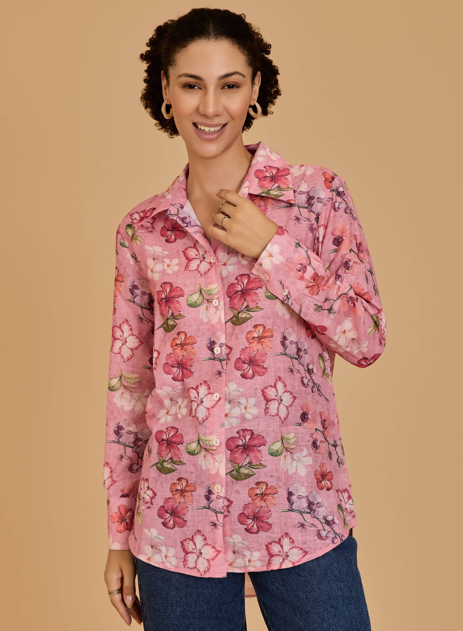 Urban Sundari Women Printed Cotton Shirt ( Pink ) Urban Sundari Women Printed Cotton Shirt ( Pink )