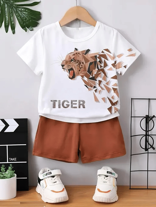 VELION Pack of 1 Boys Cotton Blend T-Shirt & Shorts Set ( Brown )