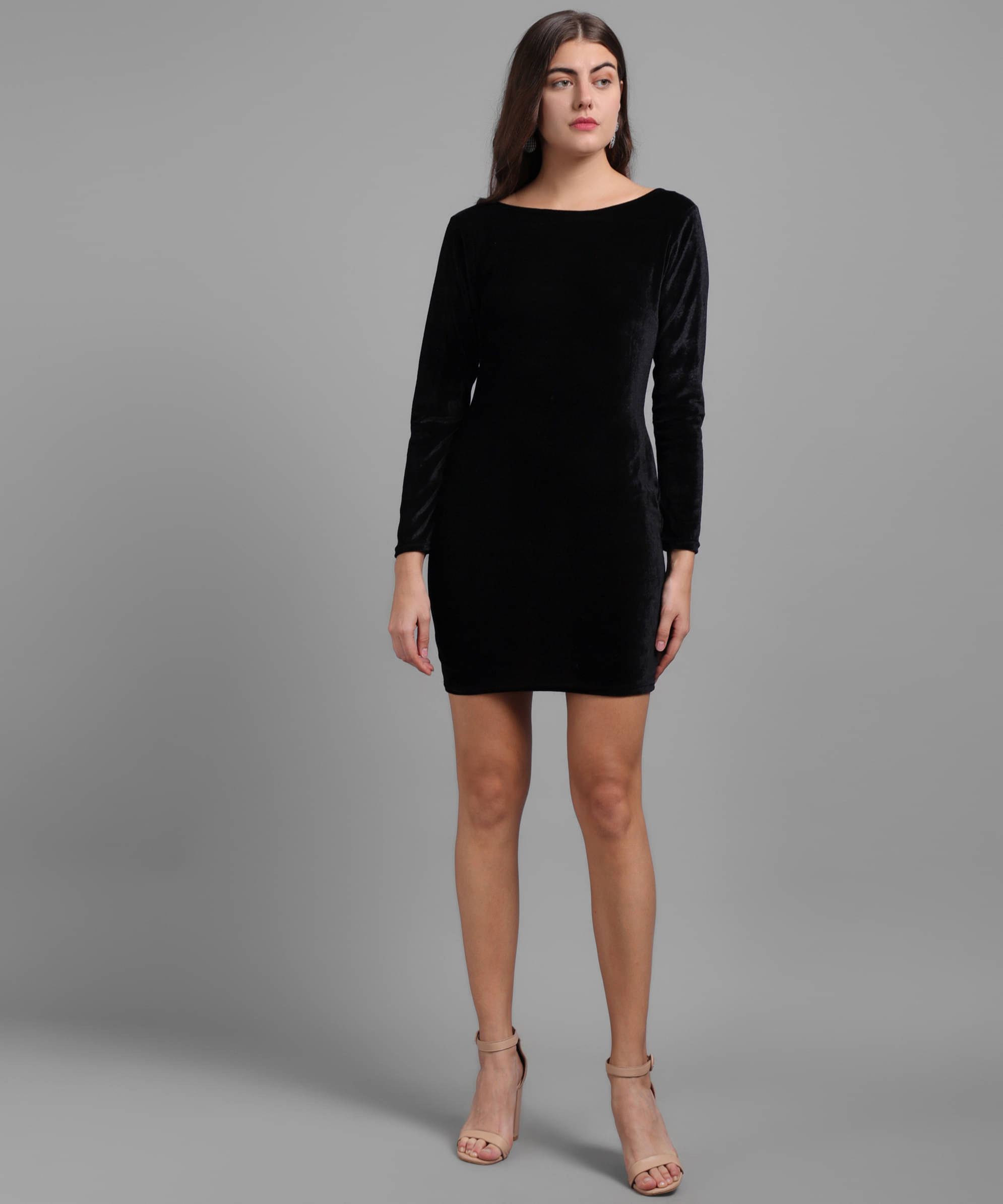     			vivient femme Women Velvet Solid Bodycon Dress ( Black )