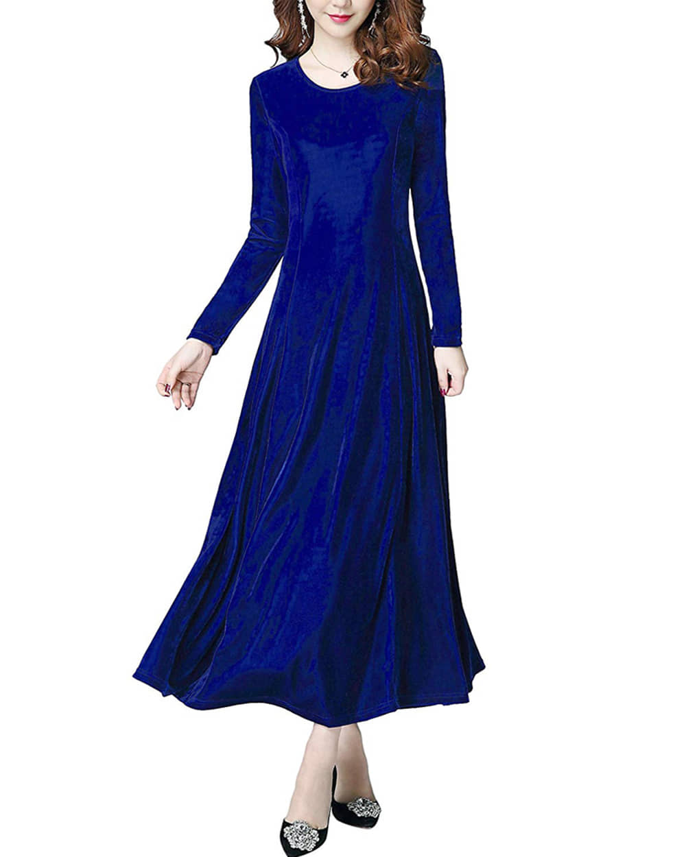 vivient femme Women Velvet Solid Fit & Flare Dress ( Blue )