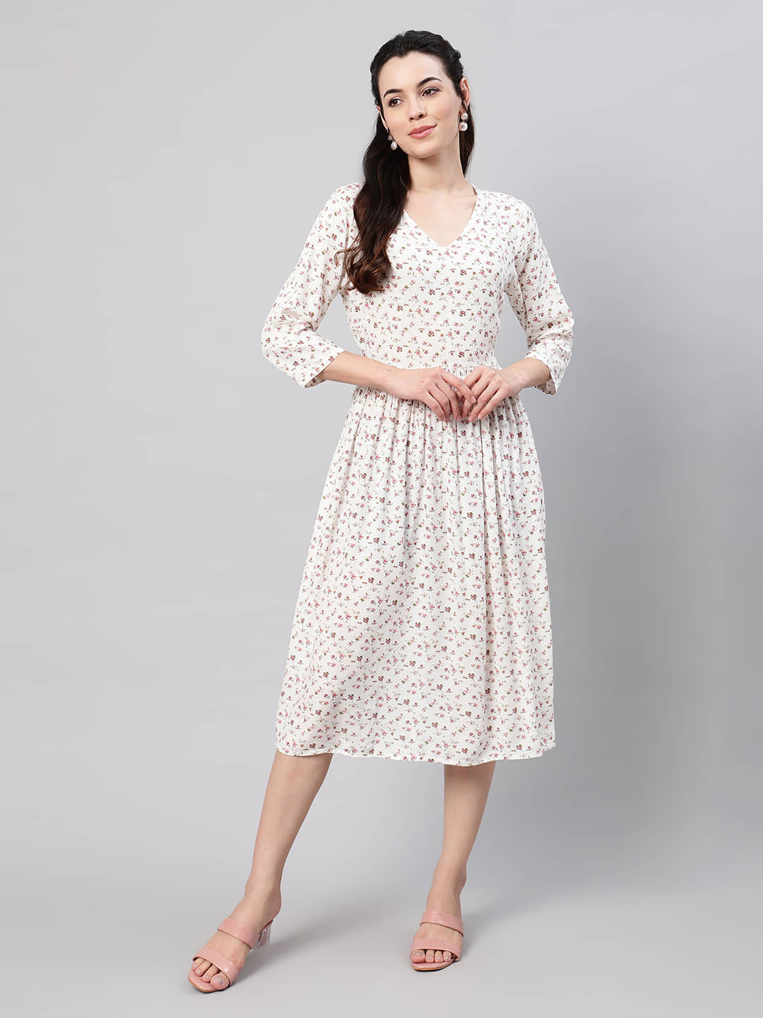 Flamboyant Women Cotton Printed Fit & Flare Dress ( White )