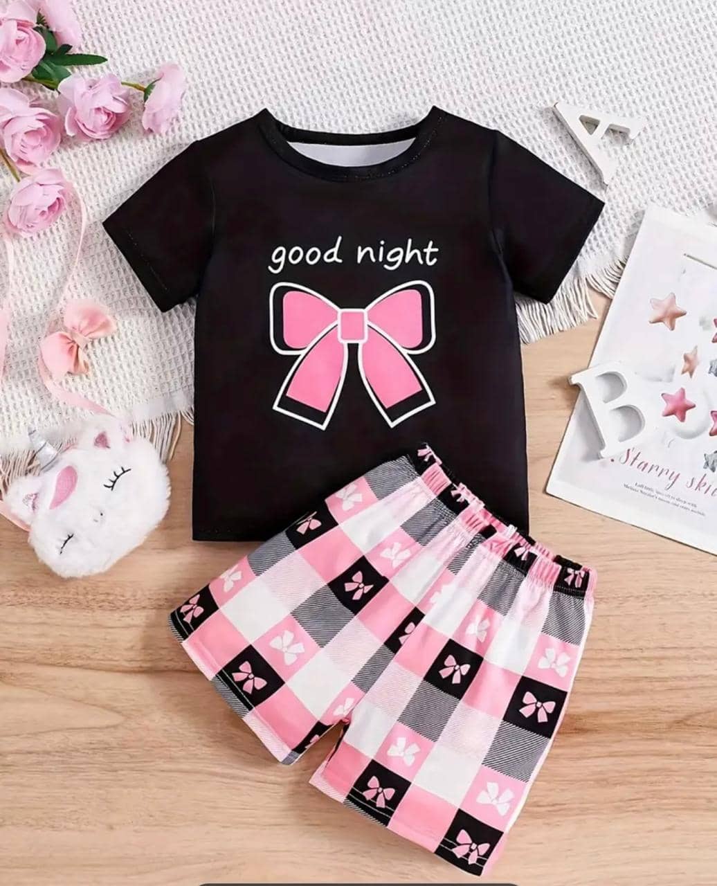 MUSNAH GARMENTS Pack of 1 Girls Cotton Blend Top With Shorts ( Black )