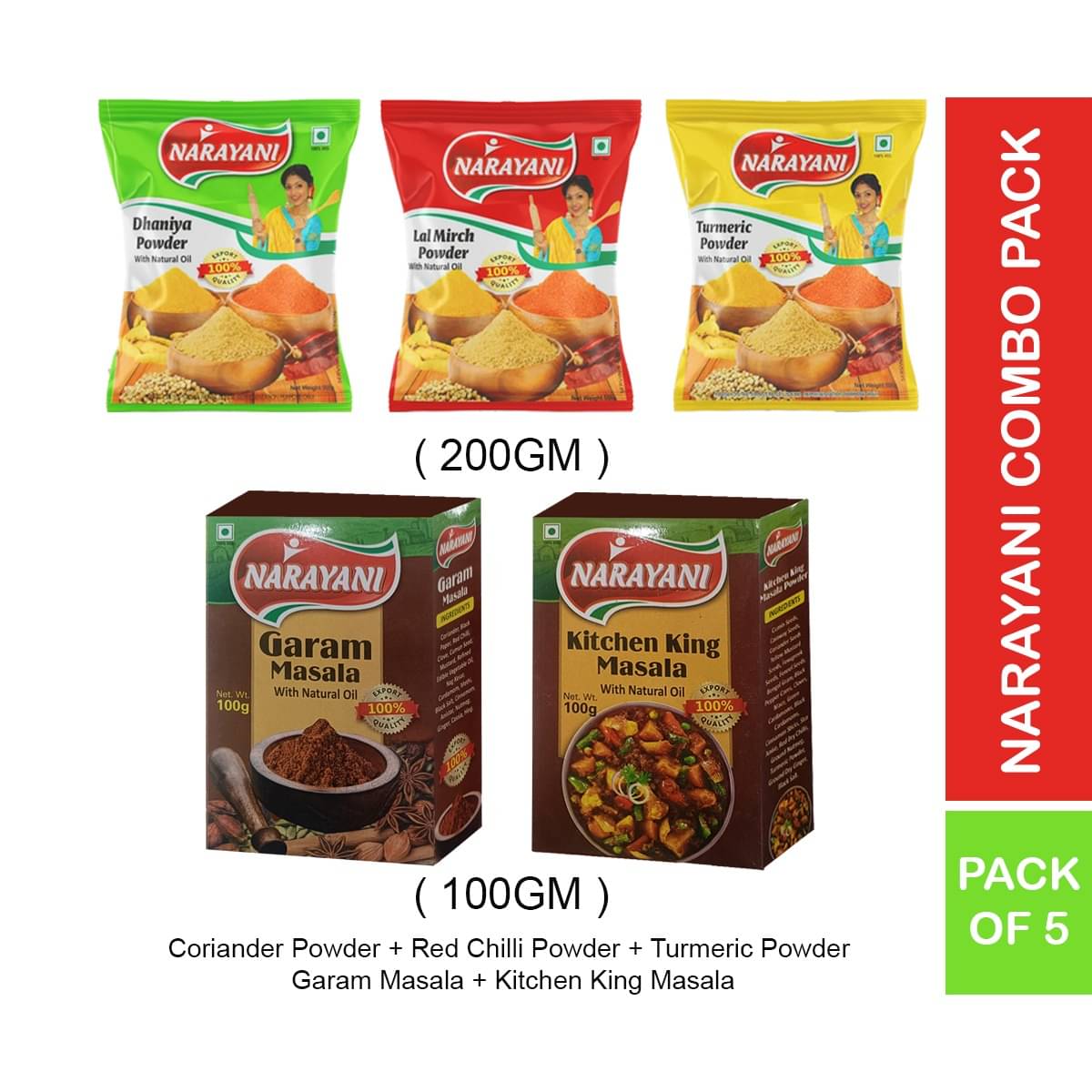 Narayani Spices Combo Haldi, Chili & Dhaniya-200gm & Garam & Kitchen King Masala-100gm Masala 200 gm Narayani Spices Combo Haldi, Chili & Dhaniya-200gm & Garam & Kitchen King Masala-100gm Masala 200 gm