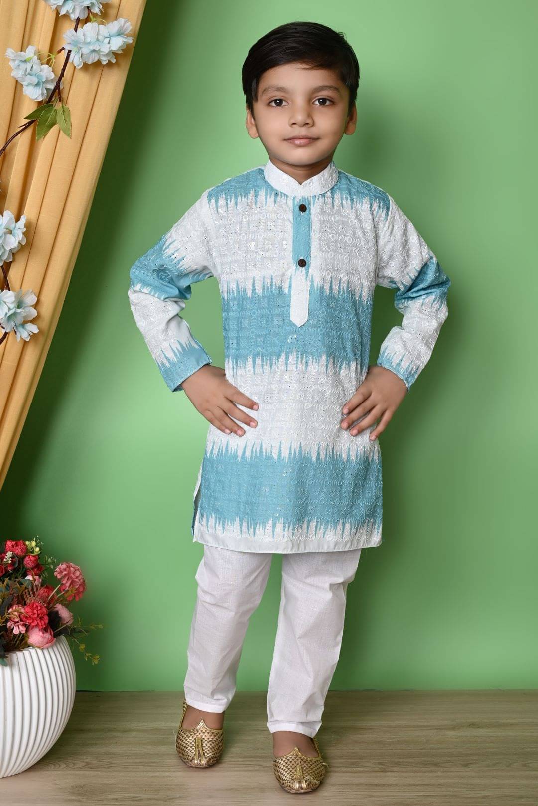     			New Collection Boys Chanderi Colorblock - Pattern Kurta Pant Set ( Dark Blue , Pack of 1 )