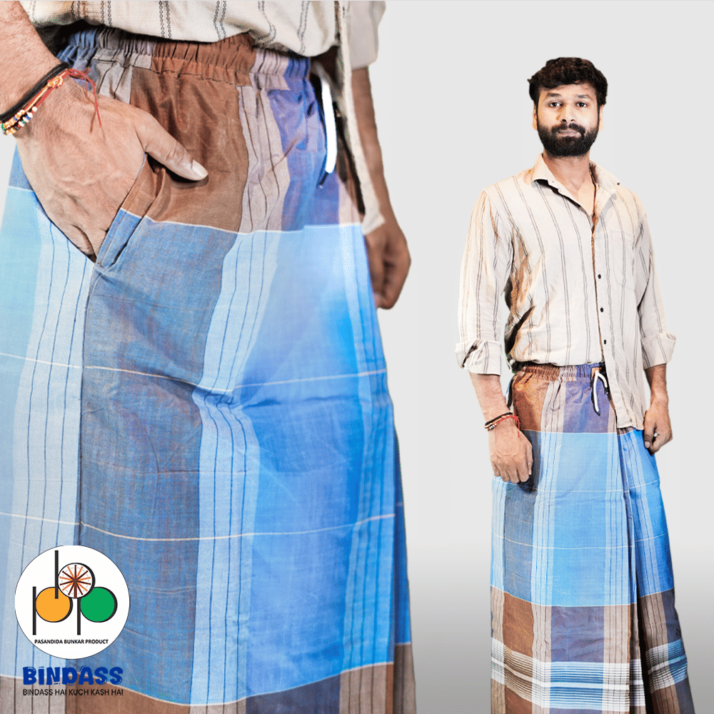Pasandida Bunkar Product Elastic Blue Cotton Blend Men's Lungi Dual Pocket ( Pack of 1 ) Pasandida Bunkar Product Elastic Blue Cotton Blend Men's Lungi Dual Pocket ( Pack of 1 )