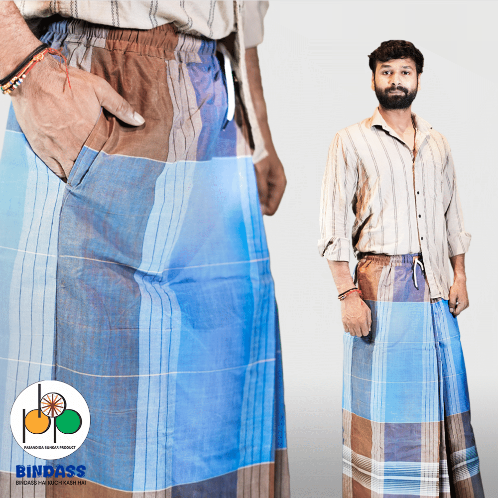 Pasandida Bunkar Product Elastic Blue Cotton Blend Men's Lungi Dual Pocket ( Pack of 1 ) Pasandida Bunkar Product Elastic Blue Cotton Blend Men's Lungi Dual Pocket ( Pack of 1 )
