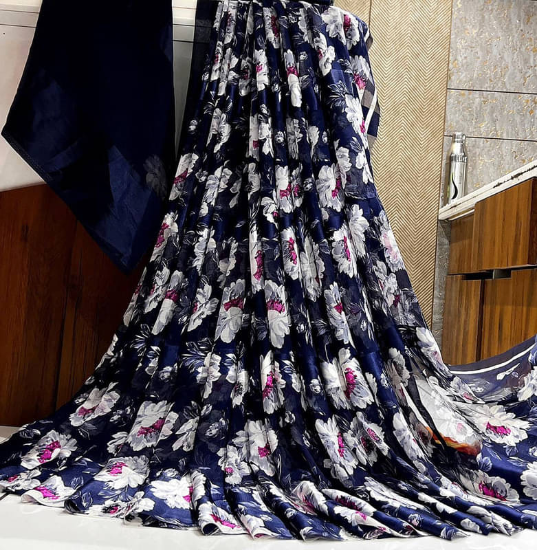     			Sitanjali Georgette Printed Saree With Unstitched Blouse Piece ( Navy Blue )
