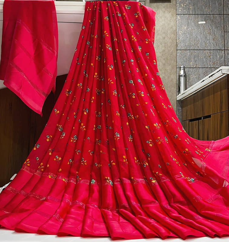 Sitanjali Georgette Printed Saree With Unstitched Blouse Piece ( Red ) - Sarees | Buy online on ZillyBuy