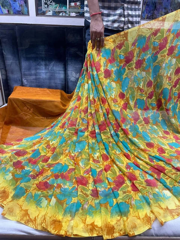 Sitanjali Georgette Printed Saree With Unstitched Blouse Piece ( Mustard ) Sitanjali Georgette Printed Saree With Unstitched Blouse Piece ( Mustard )
