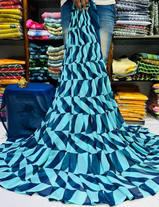     			Sitanjali Georgette Printed Saree With Unstitched Blouse Piece ( Blue )