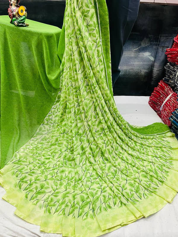 Sitanjali Georgette Printed Saree With Unstitched Blouse Piece ( Green )