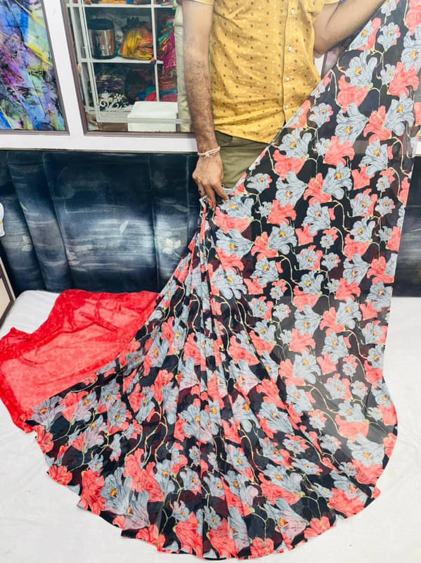     			Sitanjali Georgette Printed Saree With Unstitched Blouse Piece ( Red )