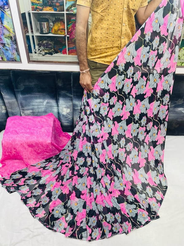     			Sitanjali Georgette Printed Saree With Unstitched Blouse Piece ( Pink )
