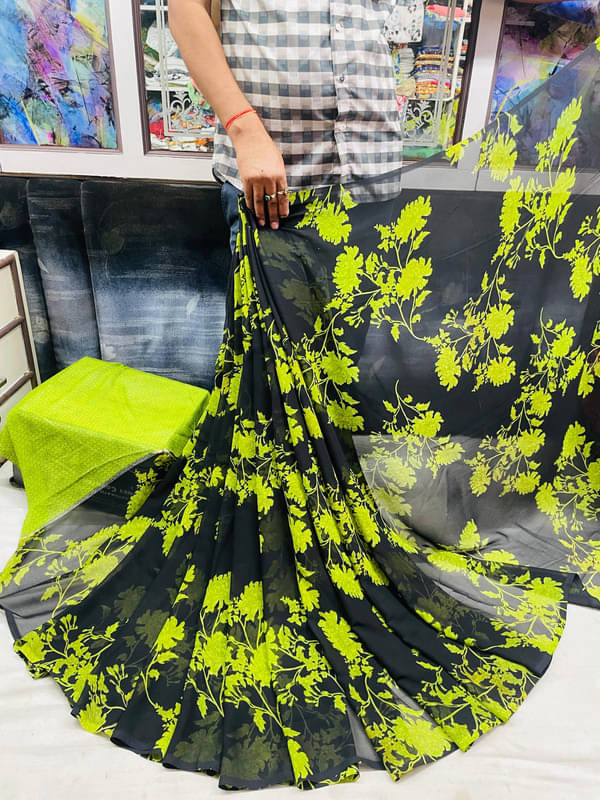     			Sitanjali Georgette Printed Saree With Unstitched Blouse Piece ( Orange )