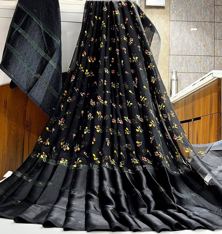 Sitanjali Lifestyle Georgette Printed Saree With Unstitched Blouse Piece ( Black ) - Sarees | Buy online on ZillyBuy