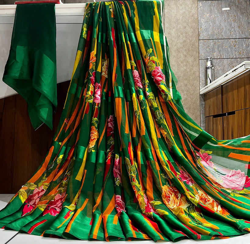     			Sitanjali Lifestyle Georgette Printed Saree With Unstitched Blouse Piece ( Green )