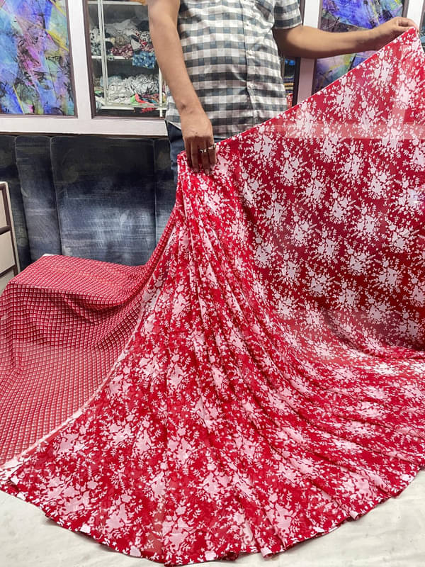     			Sitanjali Lifestyle Georgette Printed Saree With Unstitched Blouse Piece ( Red )