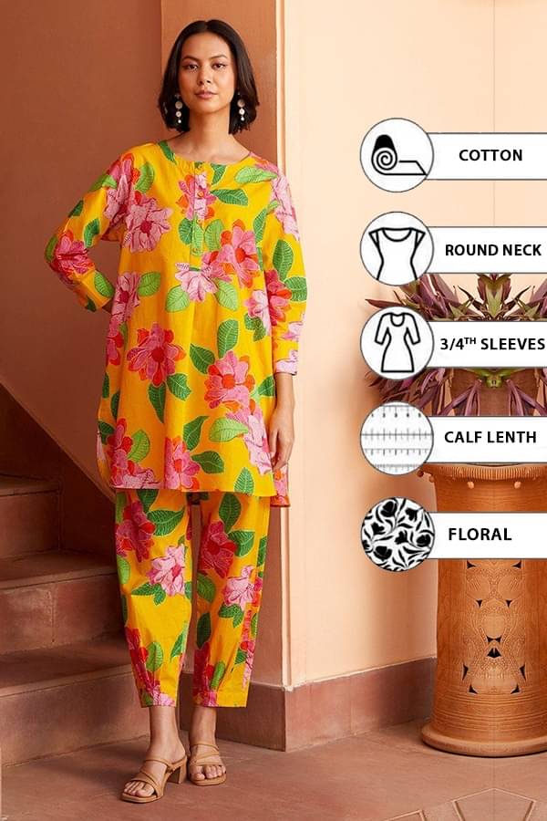 THE FAB FACTORY Cotton Printed Kurti With Pants Women's Stitched Salwar Suit - Mustard ( Pack of 1 ) THE FAB FACTORY Cotton Printed Kurti With Pants Women's Stitched Salwar Suit - Mustard ( Pack of 1 )