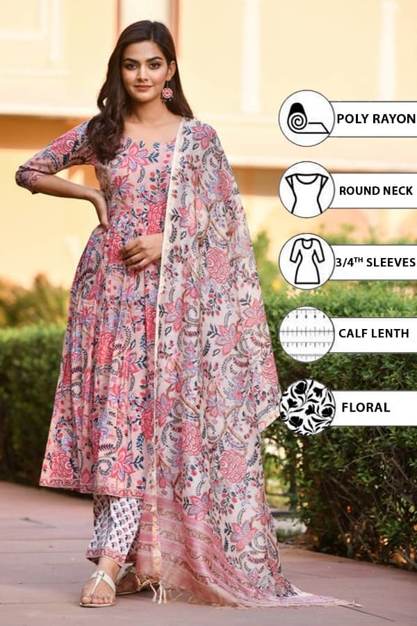 THE FAB FACTORY Rayon Printed Kurti With Pants Women's Stitched Salwar Suit - Peach ( Pack of 1 )     			THE FAB FACTORY Rayon Printed Kurti With Pants Women's Stitched Salwar Suit - Peach ( Pack of 1 )