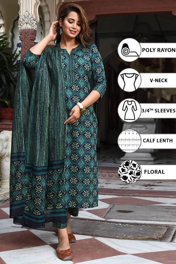     			THE FAB FACTORY Rayon Printed Kurti With Pants Women's Stitched Salwar Suit - Teal ( Pack of 1 )