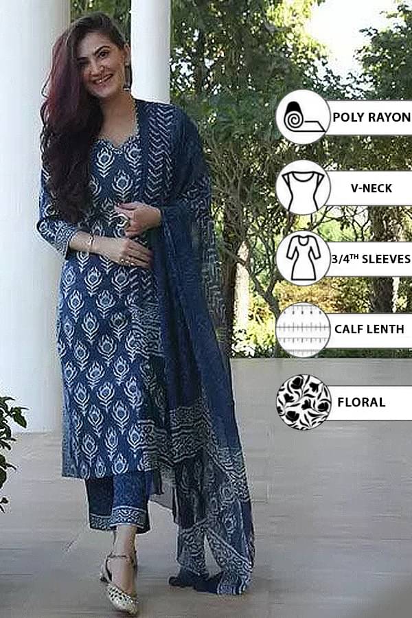     			THE FAB FACTORY Rayon Printed Kurti With Pants Women's Stitched Salwar Suit - Navy Blue ( Pack of 1 )