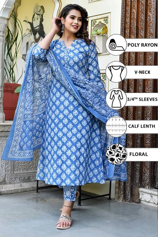 THE FAB FACTORY Viscose Printed Kurti With Pants Women's Stitched Salwar Suit - Light Blue ( Pack of 1 ) THE FAB FACTORY Viscose Printed Kurti With Pants Women's Stitched Salwar Suit - Light Blue ( Pack of 1 )
