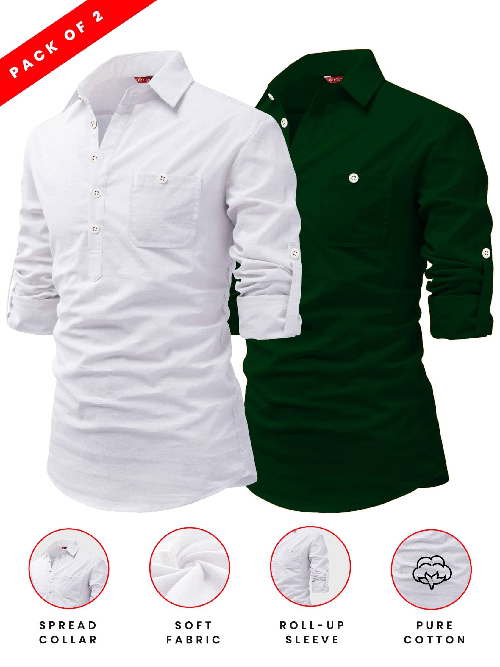 Yugnik Green Cotton Men's Regular Kurta ( Pack of 2 ) Yugnik Green Cotton Men's Regular Kurta ( Pack of 2 )