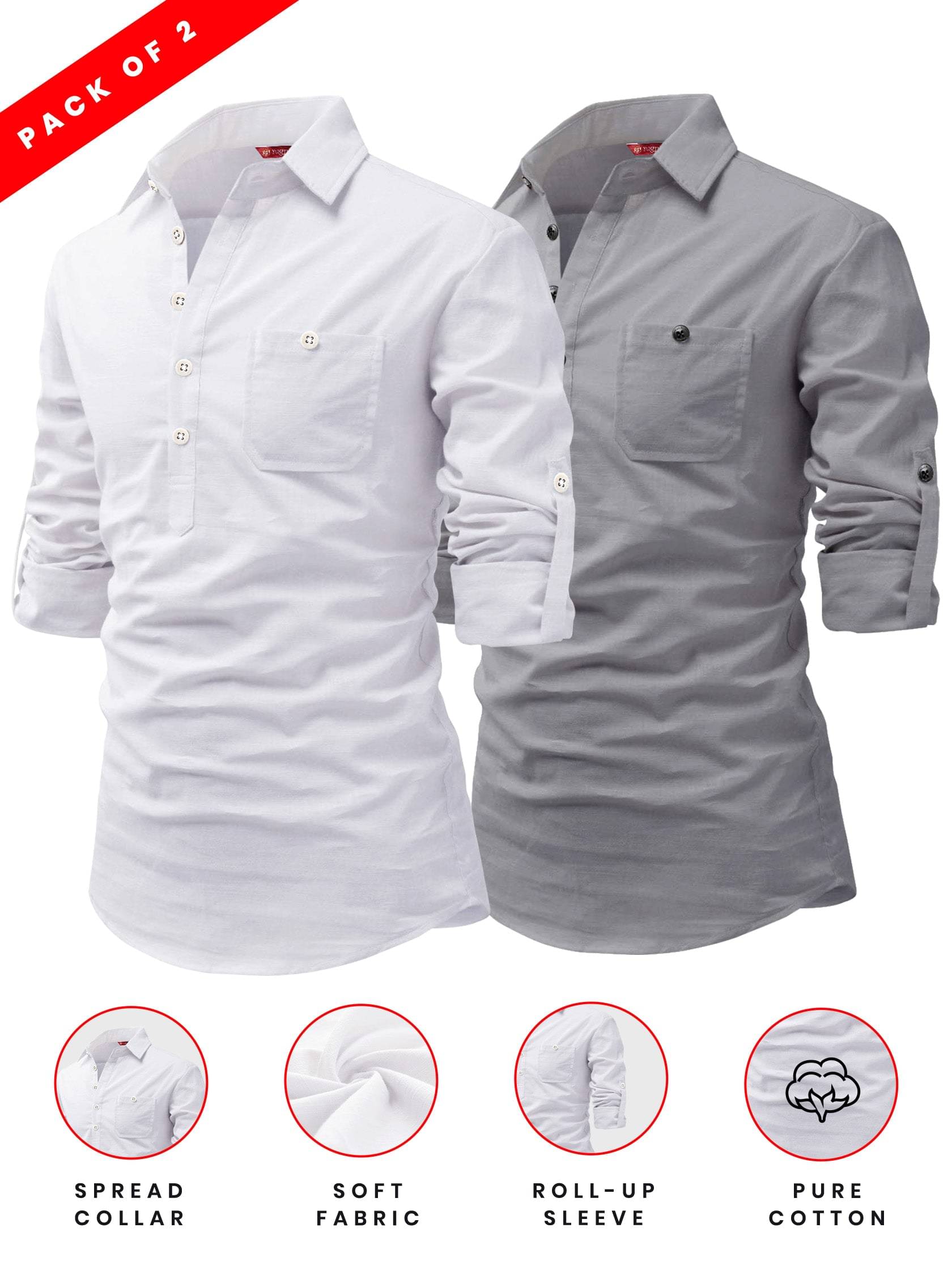     			Yugnik Grey Cotton Men's Regular Kurta ( Pack of 2 )