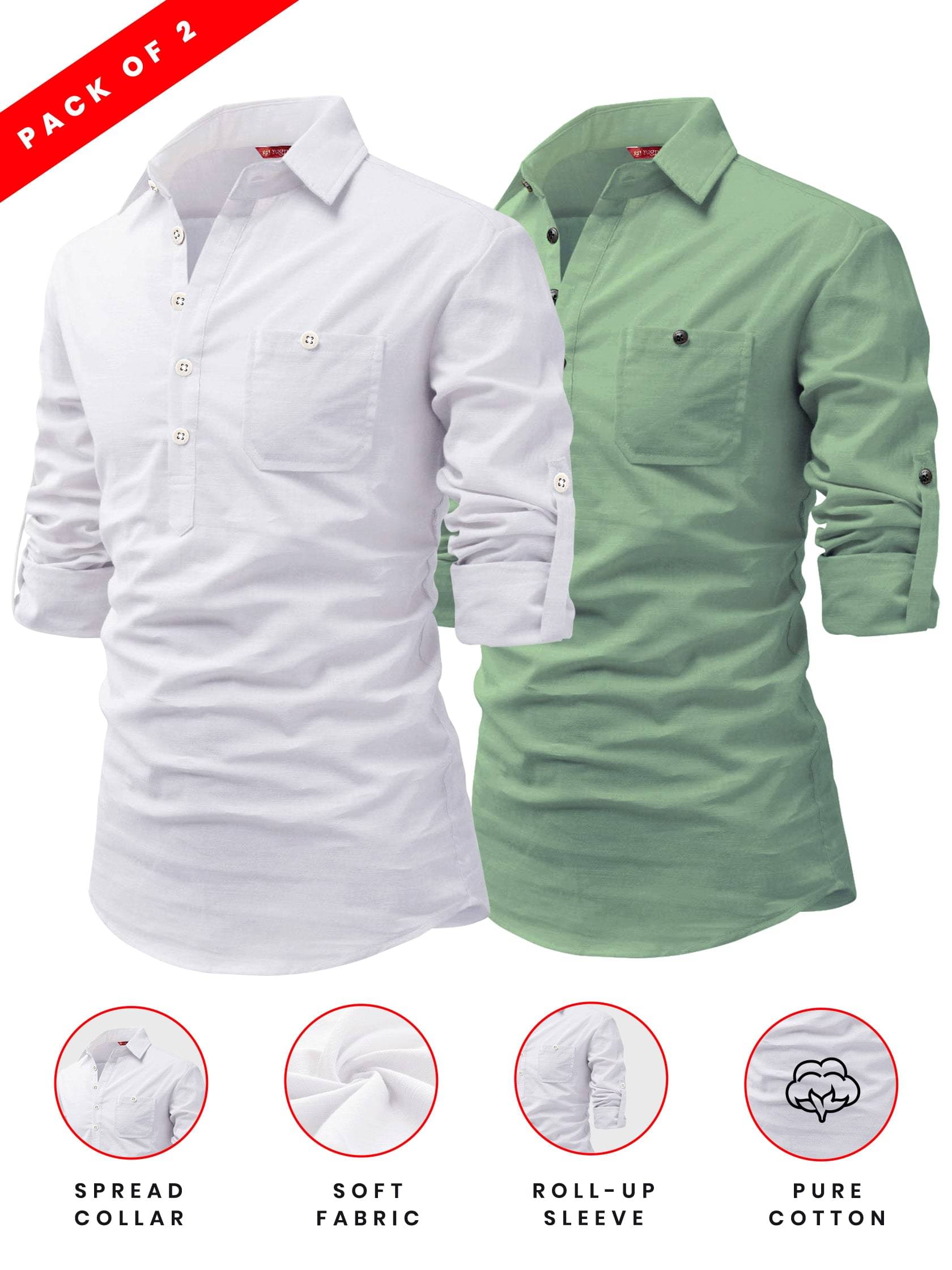 Yugnik Light Green Cotton Men's Regular Kurta ( Pack of 2 ) Yugnik Light Green Cotton Men's Regular Kurta ( Pack of 2 )