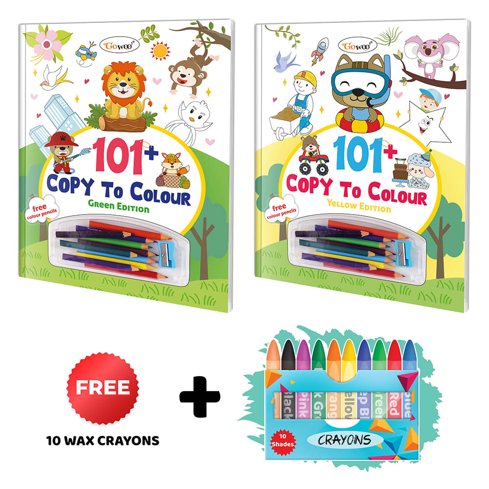 101+ Copy to Colour - Green and Yellow Edition with 10 wax crayons : Coloring Fun for Kids, Children Learning Coloring Book, Educational Coloring Fun | Combo of 2 Copy to Colour Books 101+ Copy to Colour - Green and Yellow Edition with 10 wax crayons : Coloring Fun for Kids, Children Learning Coloring Book, Educational Coloring Fun | Combo of 2 Copy to Colour Books