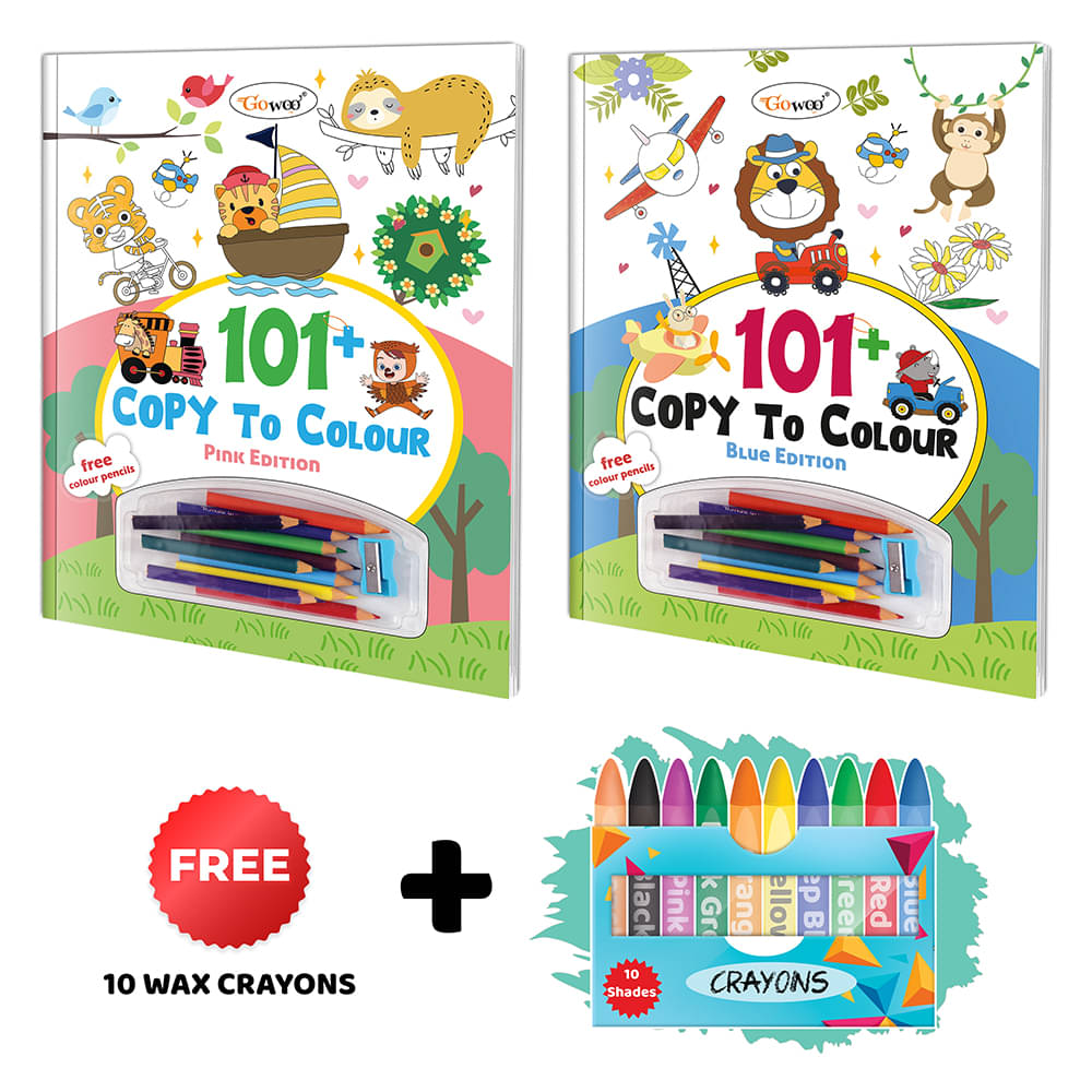 101+ Copy to Colour - Pink and Blue Edition with 10 Wax Crayons : Creative colouring book, Copy Coloring Book for Young kids, Educational Coloring Fun | Combo of 2 Copy to Colour Books 101+ Copy to Colour - Pink and Blue Edition with 10 Wax Crayons : Creative colouring book, Copy Coloring Book for Young kids, Educational Coloring Fun | Combo of 2 Copy to Colour Books