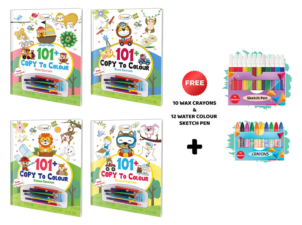     			101+ Copy to Colour - Pink, Blue, Green and Yellow Edition with 10 wax crayons and 12 water colour sketch pen : Creative Coloring Book, Educational Coloring Fun for Kids, Kids Copy and Color Art Book | Pack of 4 Copy to Colour Books