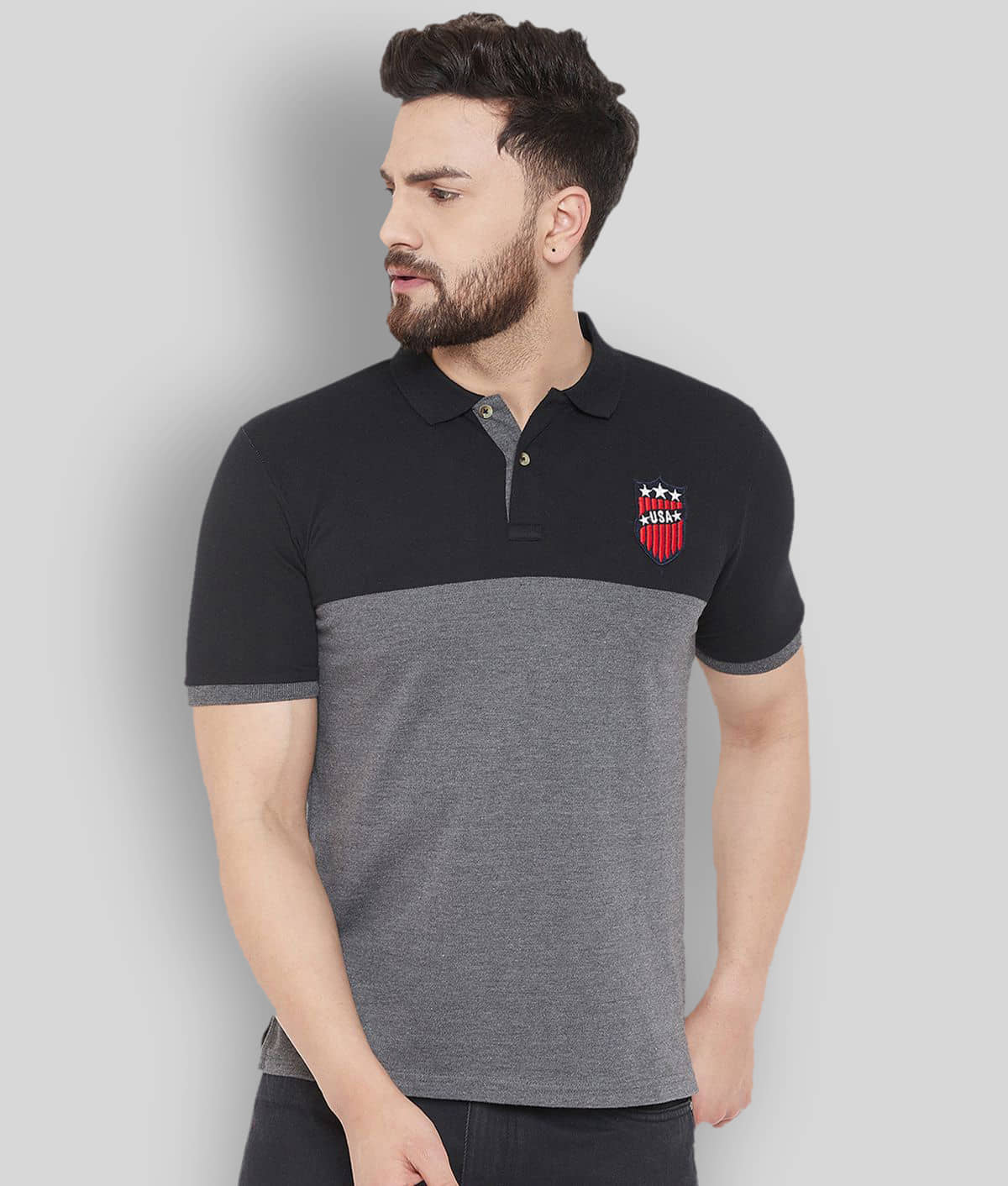 AUSTIN WOOD Pack of 1 Cotton Blend Regular Fit Colorblock Half Sleeves Men's Polo T Shirt ( Grey )