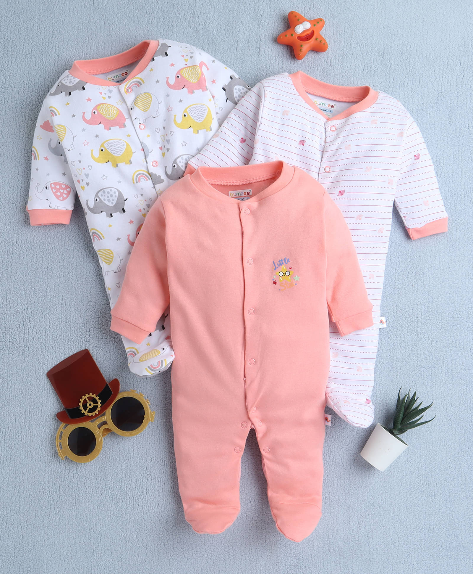     			BUMZEE Pack of 3 Baby Girls 100% Cotton Sleepsuits ( Peach )