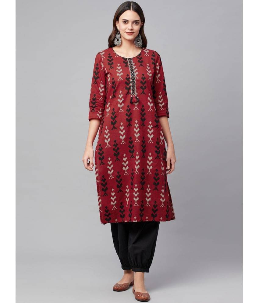     			Divena Women Cotton Printed Straight Kurti With Pants ( Maroon )