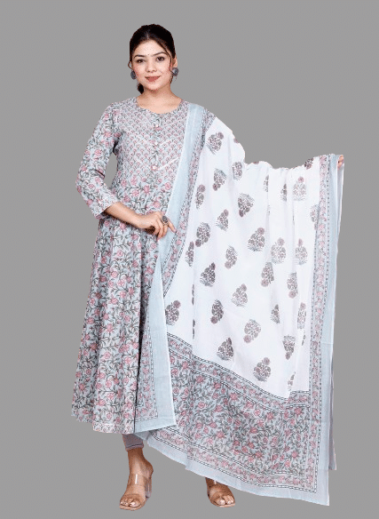     			Doriyaan Cotton Printed Anarkali Women's Kurti - Blue ( Pack of 1 )